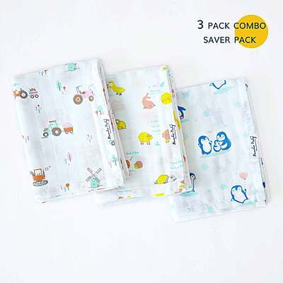 Muslin Cotton Baby Towel - Assorted 3 Pack(65 X 90 cms) NEW