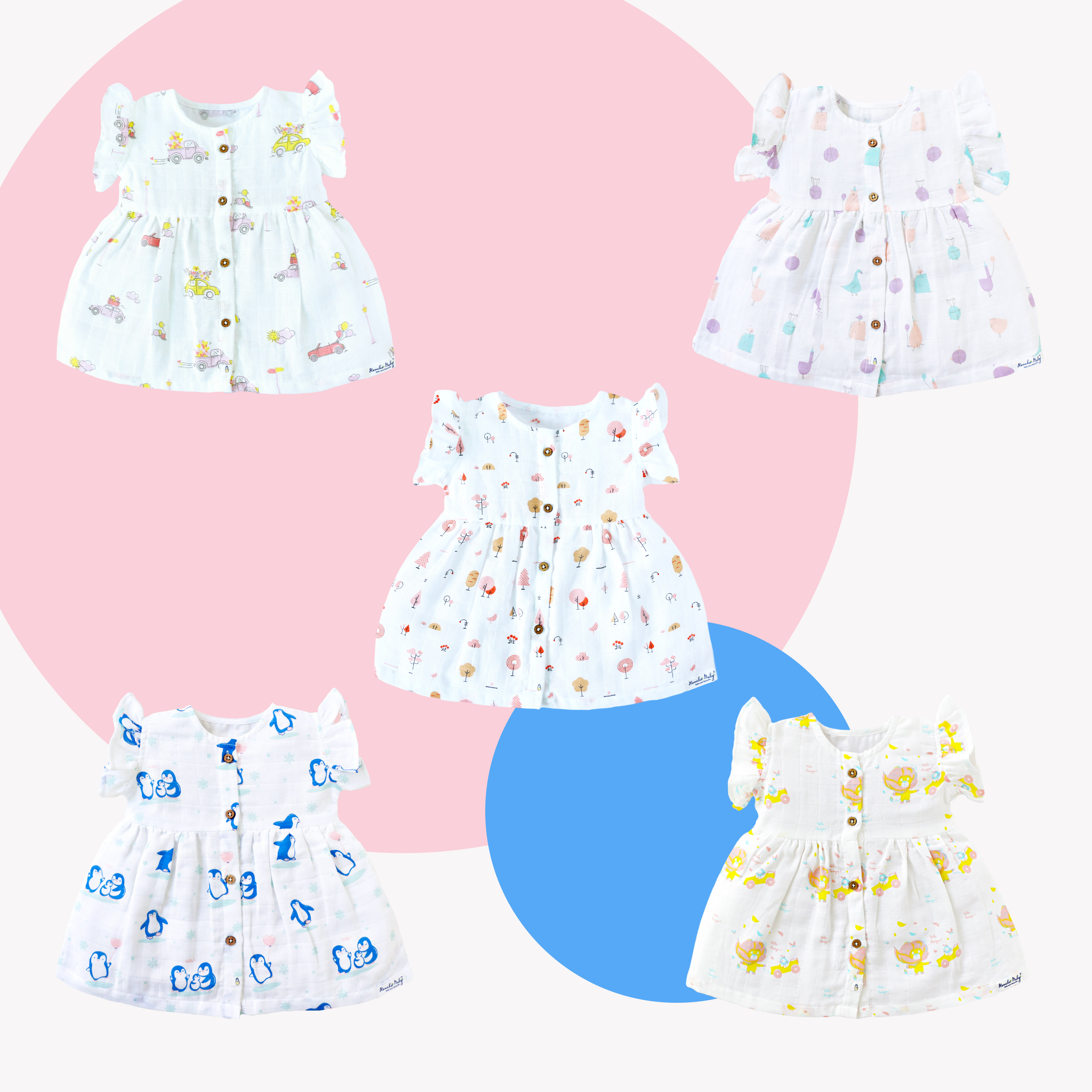 Muslin Baby Frocks ( 0 to 3 years ) 100% Premium Cotton - Assorted pack of 5