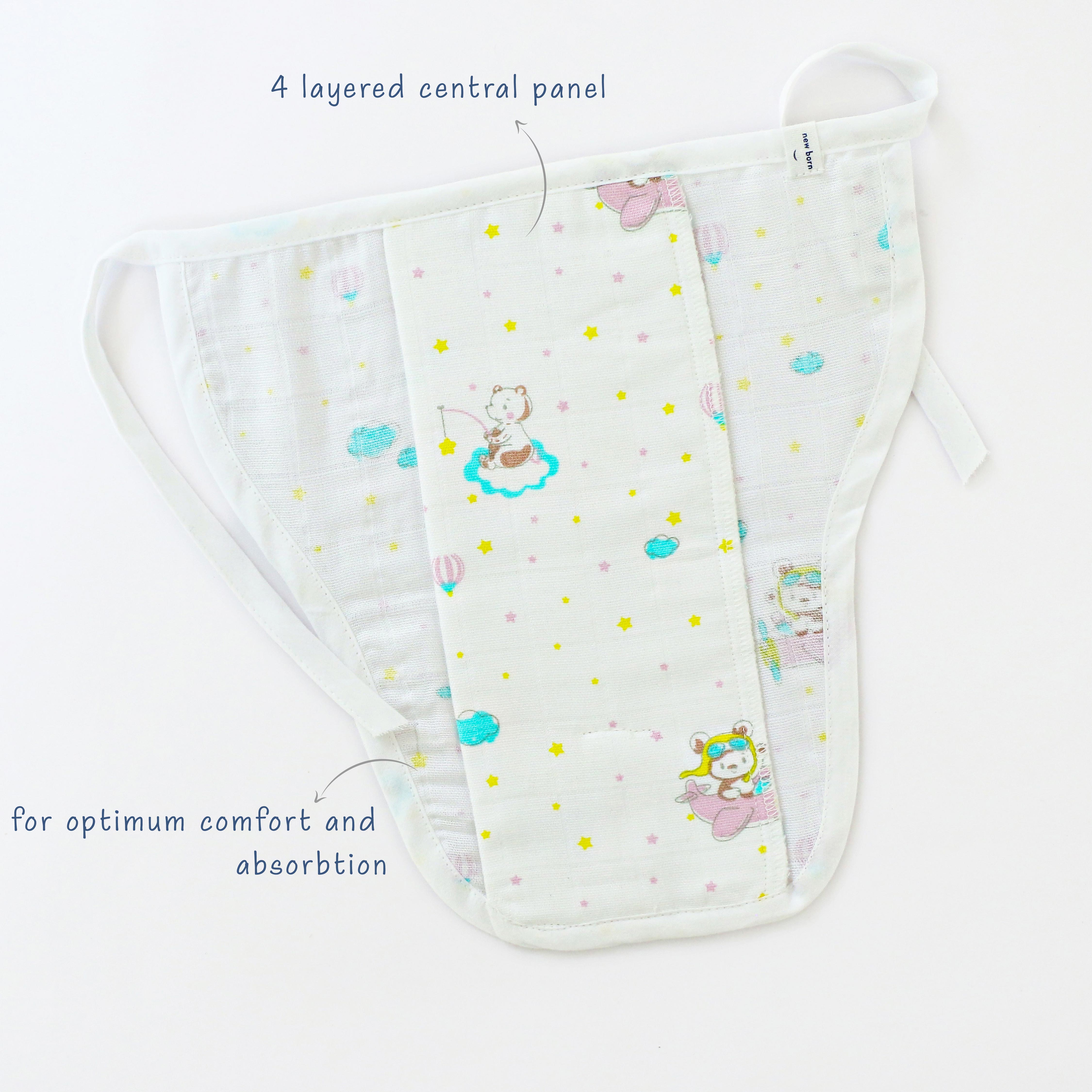 New-Reusable Muslin Nappies / Langot - 4 Layered Central Panel - Assorted combo Pack of 5 & 10
