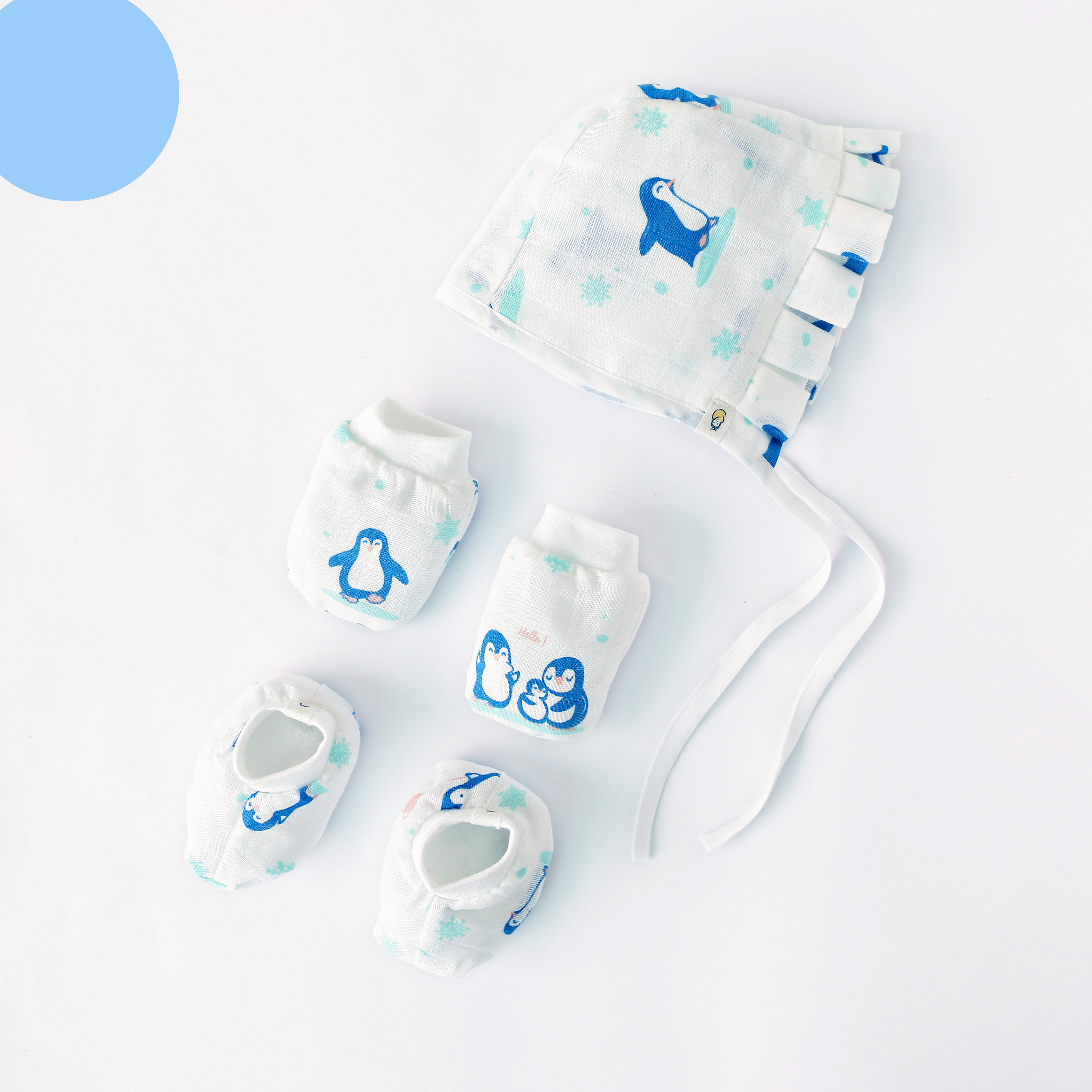 Baby Cap, Mittens and booties Set - Happy Waddling Penguins (0 - 6 months)