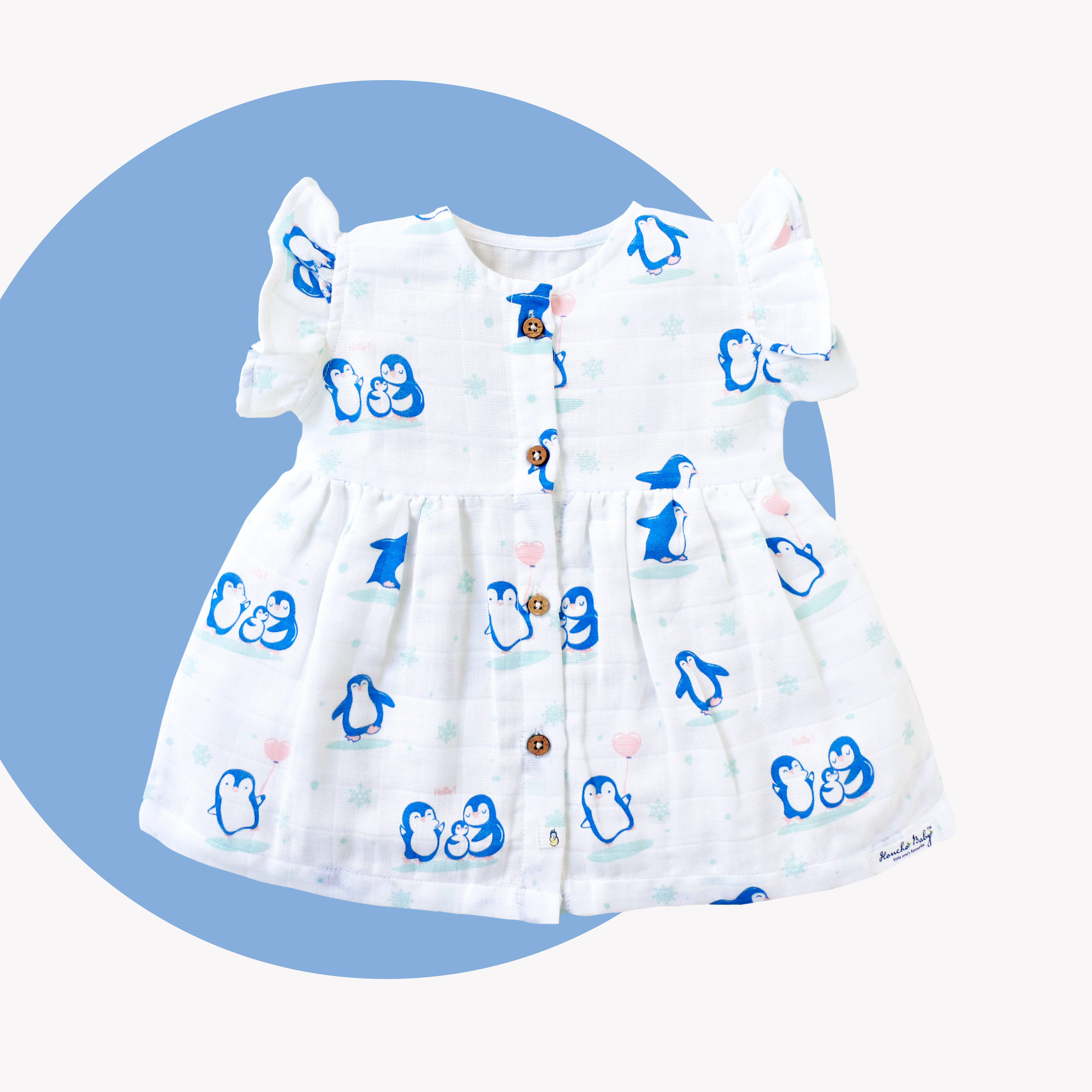 Happy Waddling Penguins Family - Muslin Baby Frock ( 0 to 18 months )