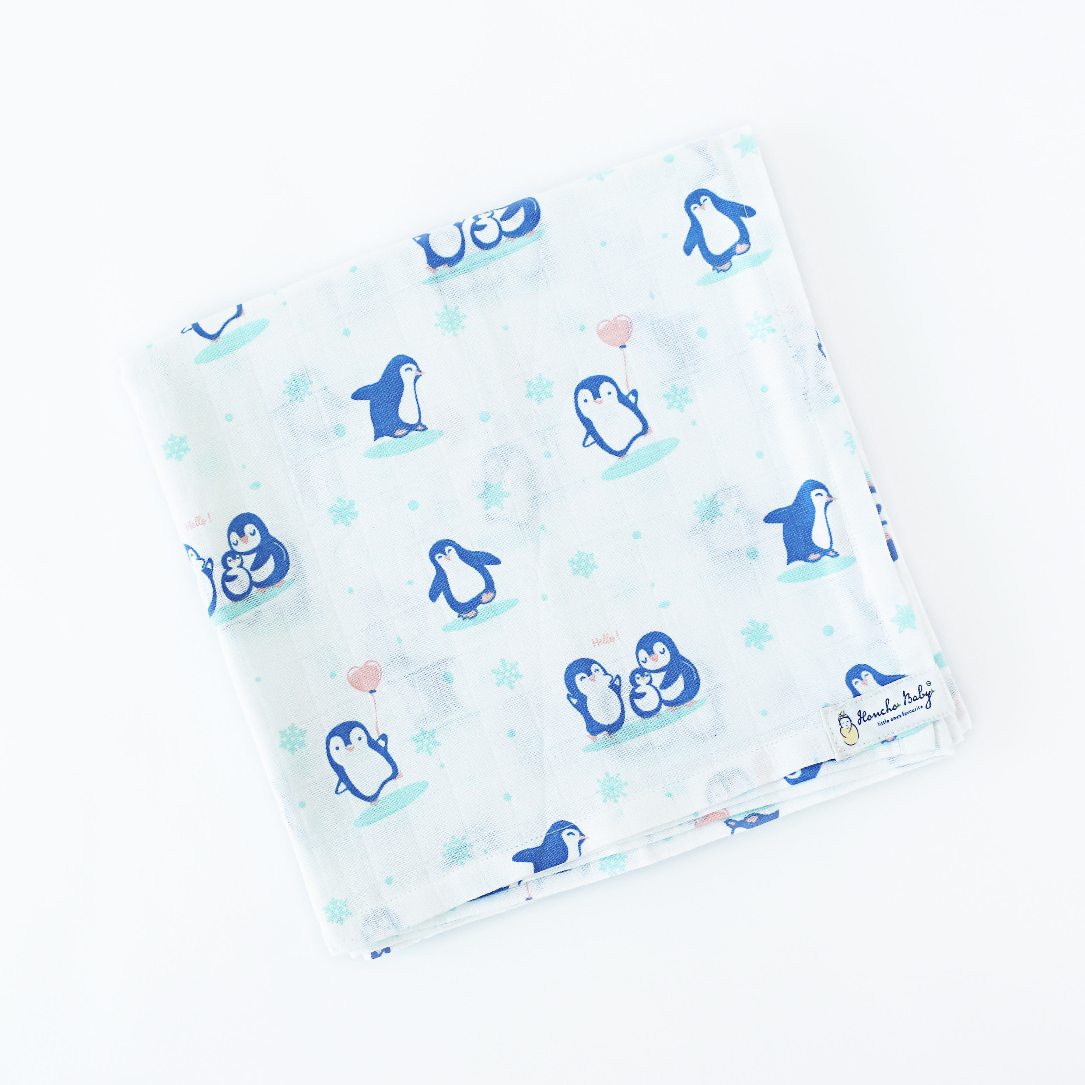 Happy Waddling Penguins - Organic Cotton (double layer) Baby Muslin Swaddle - 110 X 110 cms New
