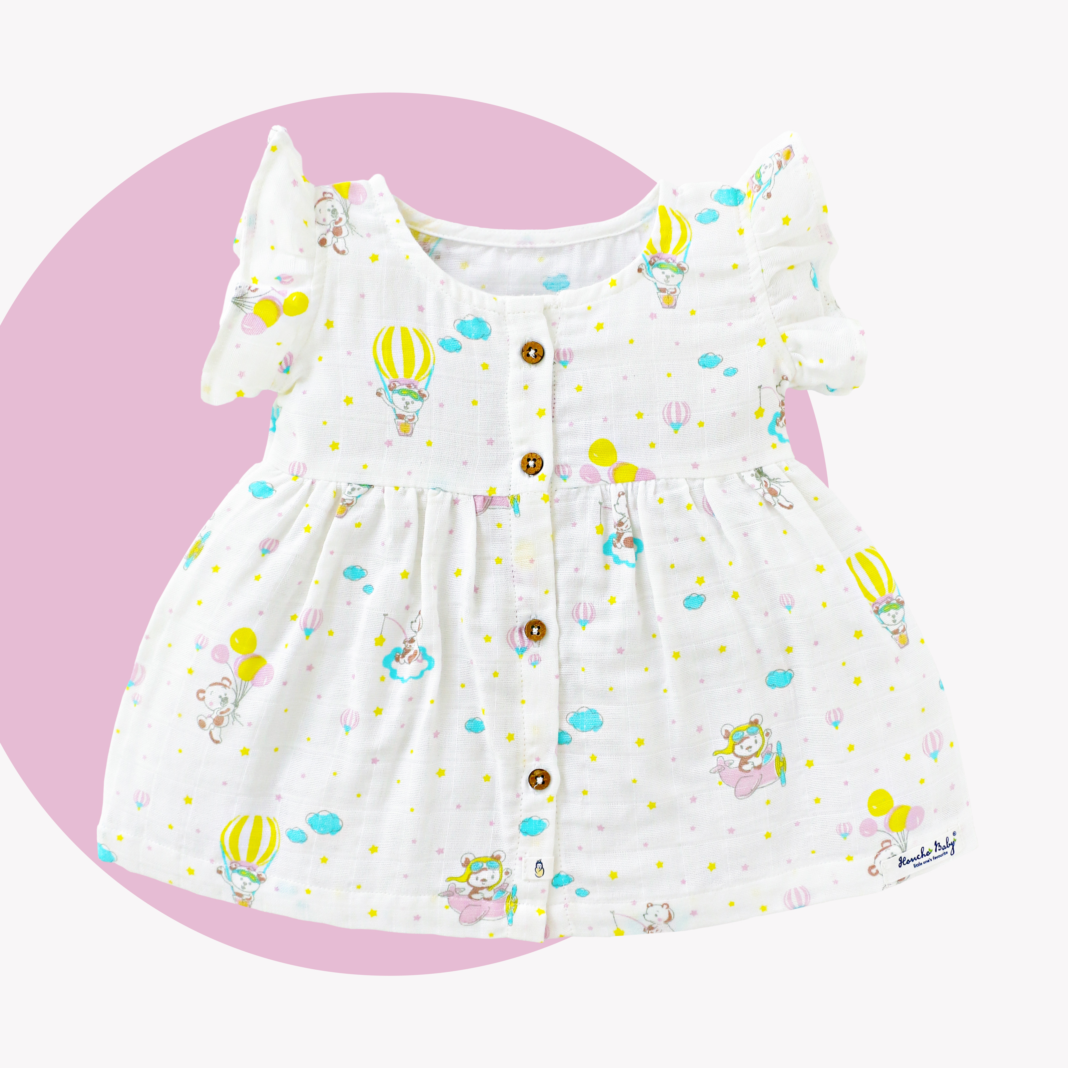 Teddy up above the sky - Muslin Baby Frock ( 0 to 3 years )