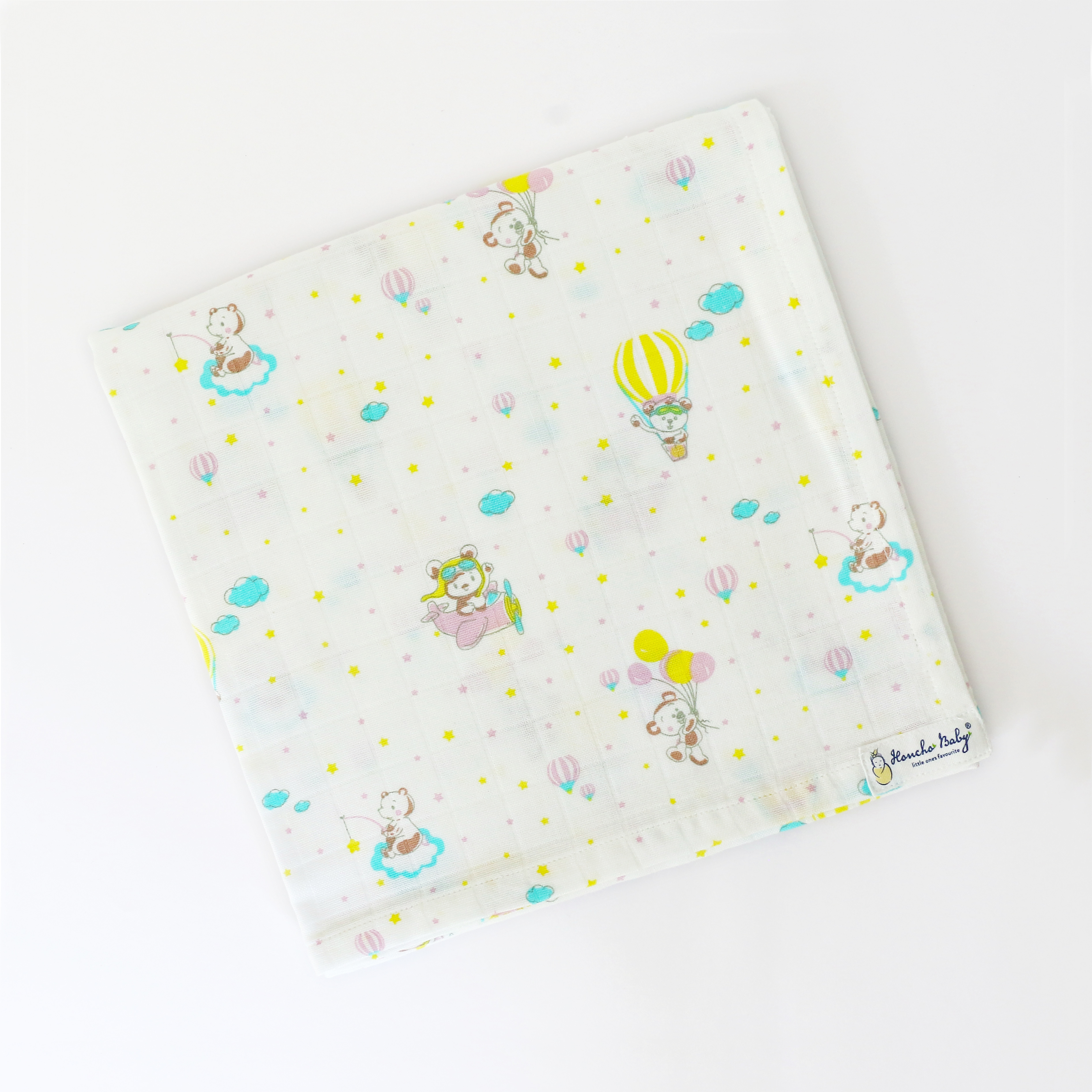 Teddy up above the Sky - Organic Cotton (double layer) Baby Muslin Swaddle/ Blanket - 110 X 110 cms