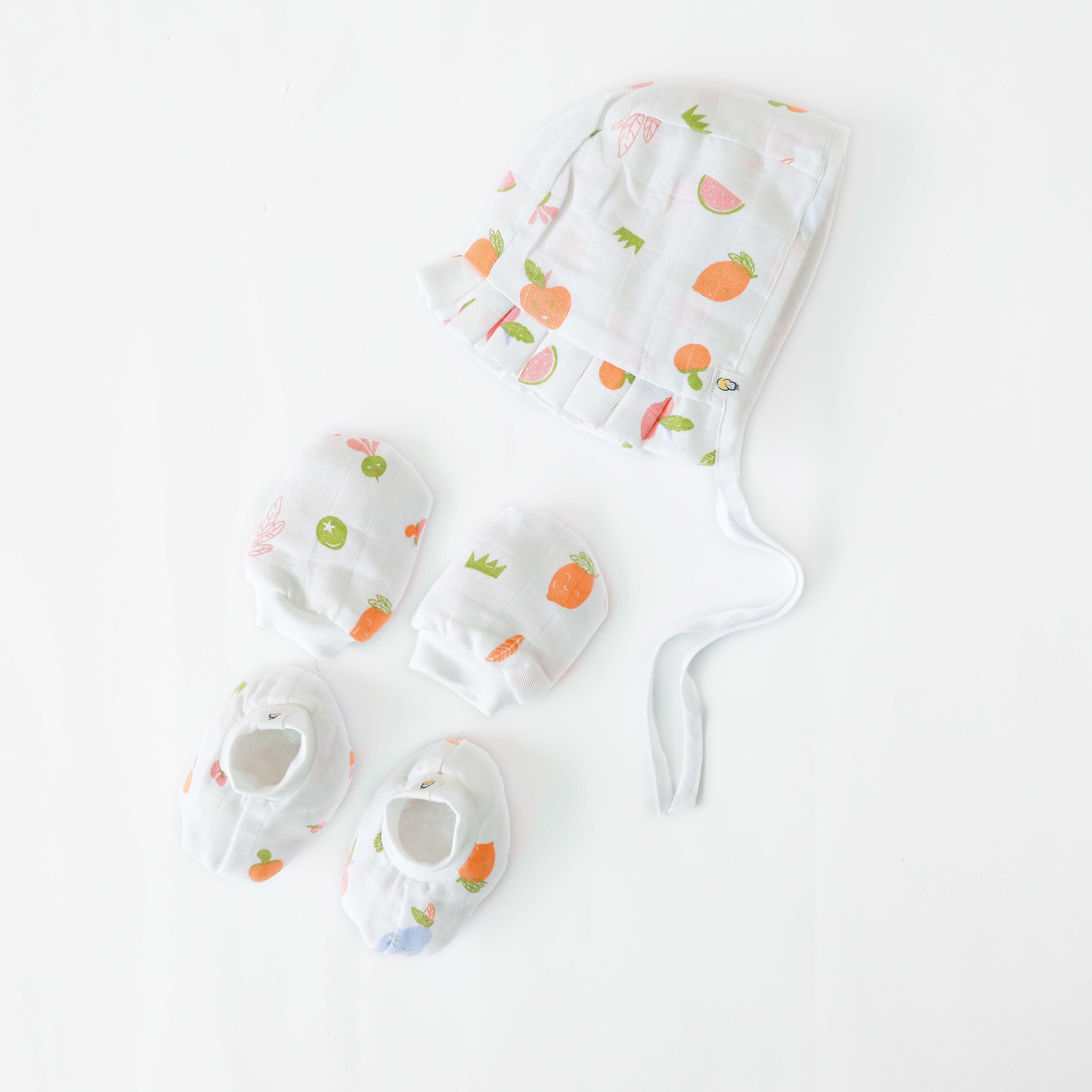 Baby Cap, Mittens and booties Set -Tropical Tango (0 - 4 months)