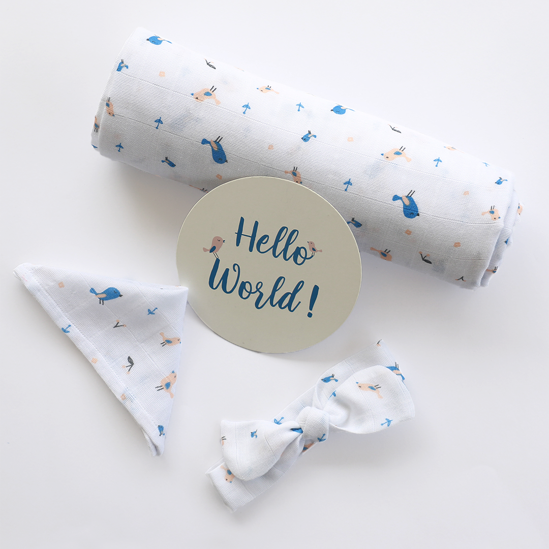 Pretty Little Birds - Organic Cotton ( double layer ) Baby Muslin Swaddle/ Blanket - 110 X 110 cms